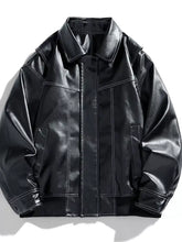 Men’s plus size black faux leather bomber jacket with white stitching and classic collar machine wash cold care instructions