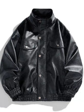 Men’s plus size black faux leather bomber jacket with silver buttons and elastic cuffs designed for machine wash and tumble dry