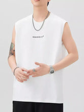 Men’s plus size letter round neck tank white sleeveless t-shirt with achieve it printed in black text
