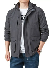 Men’s plus size dark gray lightweight hooded jacket with multiple pockets and subtle logo, machine wash tumble dry safe