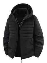 Black plus size lightweight hooded puffer jacket with quilted exterior and plush interior lining for men