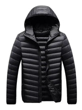 Men’s plus size lightweight hooded puffer jacket in black with quilted design zipper front and padded sleeves