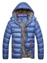 Men’s plus size lightweight hooded puffer jacket in blue with quilted design and striped interior lining