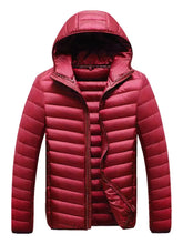 Men’s plus size lightweight hooded puffer jacket in sleek quilted red with glossy finish and horizontal stitching