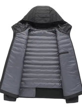 Men’s plus size lightweight hooded puffer jacket in black and gray quilted design for added warmth and comfort