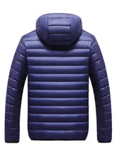 Men’s plus size lightweight hooded puffer jacket in navy blue with quilted design for warmth and comfort