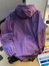 Men’s plus size lightweight purple hooded windbreaker jacket with slightly shiny fabric and elastic cuffs