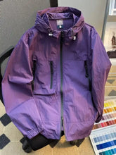 Men’s plus size lightweight hooded windbreaker jacket in purple with black zipper accents and drawstring cuffs