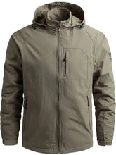 Men’s plus size lightweight hooded windproof olive green jacket with waterproof fabric and zippered pockets for outdoor use