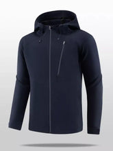 Men’s plus size dark navy blue lightweight hooded zip up jacket with sleek design and subtle side zipper pockets