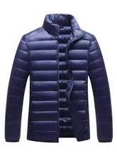 Navy blue quilted plus size lightweight packable puffer jacket with high collar and zipper closure for men