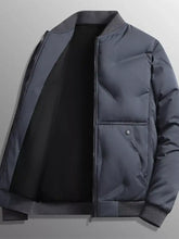 Men’s plus size lightweight padded bomber jacket in dark gray with black interior lining and ribbed cuffs