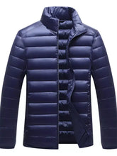Men’s plus size lightweight dark navy blue quilted puffer jacket with high collar and zipper closure