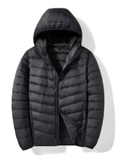 Black quilted hooded men’s plus size lightweight zip up puffer jacket with central zipper and side pockets