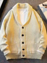 Mens plus size long sleeve cardigan with yellow stripes, black buttons, hood