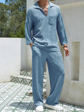 Men’s plus size light blue textured knit two-piece loungewear set with long sleeve top and pants for comfort
