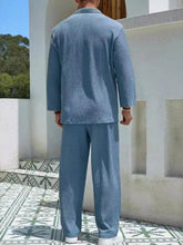 Men’s plus size long sleeve top and pants set in light blue textured woolen fabric for comfortable loungewear