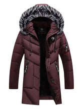 Men’s plus size longline padded winter coat in maroon with black and white faux fur lined hood for cold weather