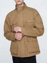 Tan utility jacket for men plus size multi pocket zip up style with brass toned buttons and multiple flap pockets