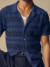 Mens plus size navy blue short sleeve shirt with black geometric pattern