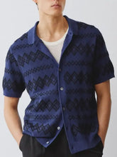 Mens plus size navy blue short sleeve shirt with black geometric pattern