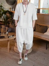 Men’s plus size white cotton notched v-neck short-sleeved top with relaxed fit from half sleeve top and cropped pants set