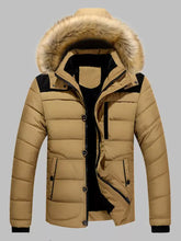 Men’s plus size padded fur hood puffer jacket in tan with black quilted accents for winter warmth and style