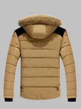 Men’s plus size padded fur hood puffer jacket in beige with black shoulder panels and fluffy fur-lined hood