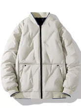 Men’s plus size padded zip up bomber jacket in cream with navy blue quilted trim on collar cuffs and waistband