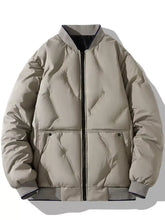 Men’s plus size padded zip up bomber jacket in beige with quilted design black zipper and ribbed cuffs