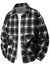 Mens plus size black and white plaid flannel casual shacket with button closures for comfortable layering