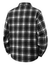 Mens plus size plaid button-up casual shacket with black and white plaid flannel fabric and classic collar