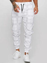 Mens plus size plaid drawstring pants in white with black drawstring