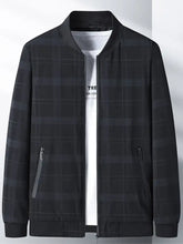 Men’s plus size plaid lightweight bomber jacket in black and gray with ribbed cuffs collar and hem