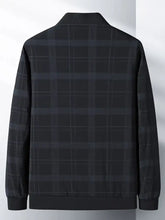 Men’s plus size plaid lightweight bomber jacket in black with subtle gray grid pattern and ribbed cuffs
