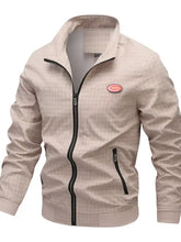 Men’s plus size plaid lightweight zip-up jacket in beige with black zipper accents and red fashion patch on left chest
