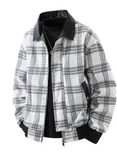 Men’s plus size black and white plaid pattern bomber jacket with contrasting leather collar, machine wash tumble dry