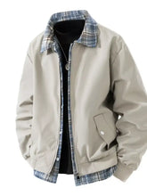 Men’s plus size beige bomber jacket with blue and white plaid collar and hem, featuring a front zipper closure