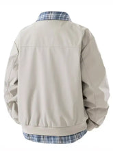 Men’s plus size beige bomber jacket with blue white and gray plaid trim on collar and hem long sleeve design