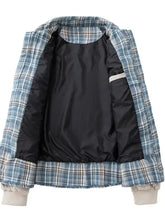 Men’s plus size blue and white plaid puffer jacket with black satin-lined interior and long sleeves