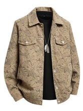 Men plus size tan tropical leaf-patterned denim jacket with silver buttons and chest pockets for casual wear