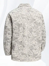 Men plus size beige snap down casual jacket with gray tropical leaf print for stylish comfort