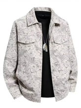 Men plus size light gray and white tropical leaf patterned denim snap down casual jacket with chest pockets