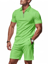 Men’s plus size bright neon green short-sleeved polo shirt with subtle checkered pattern and zipper placket, machine wash cold