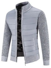 Men’s plus size quilted knit bomber jacket in gray with knitted sleeves collar zipper front and horizontal stitching
