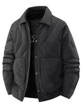 Men’s plus size black quilted padded snap down jacket with stand-up collar and front button closure machine wash cold