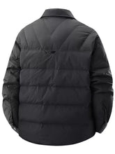 Men’s plus size black quilted padded snap down jacket with structured collar and machine wash cold care instructions