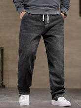 Men’s plus size relaxed fit dark-wash denim jeans with white drawstring waist for comfortable casual wear
