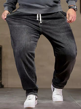 Men’s plus size relaxed fit dark-wash denim jeans with drawstring waist and white tie for comfortable wear