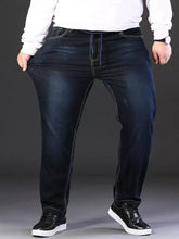 Men’s plus size dark blue denim relaxed fit jeans with drawstring waistband and contrasting white stitching